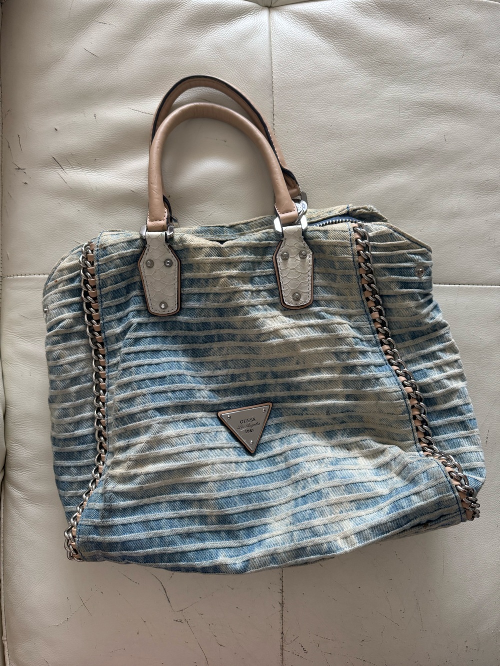 Guess Denim-Striped Light Blue Tote with Tan Handles